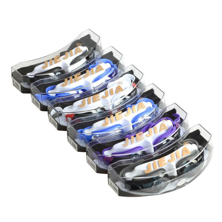 Assorted swimming goggles in clear boxes, featuring multiple lens and strap colors