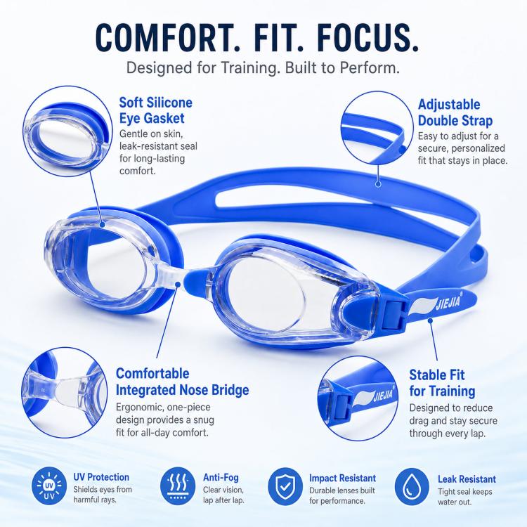 Blue swimming goggles with clear anti-fog lenses and adjustable double strap