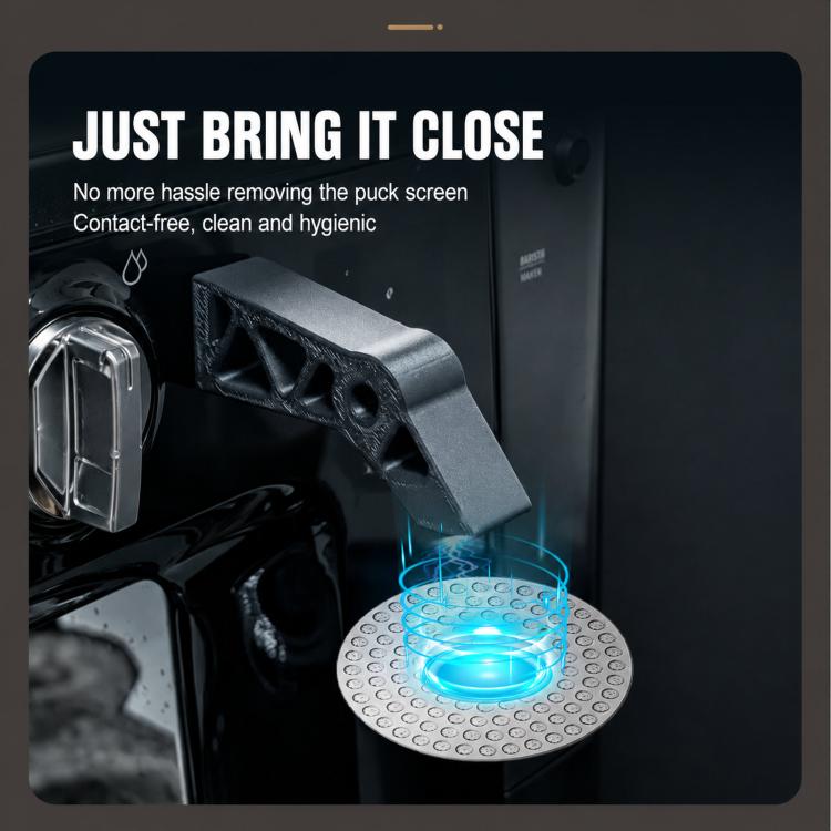 Magnetic espresso puck screen holder with puck screen disc attached on brewer