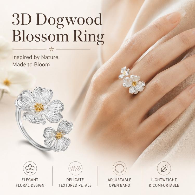 Two-tone dogwood blossom open ring with adjustable band, worn on finger