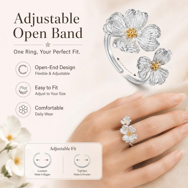 Adjustable open-band dogwood blossom ring with two flower designs and gold centers