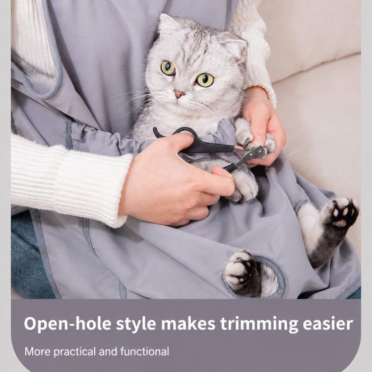 Gray cat grooming apron with open-hole front pouch for easy trimming access