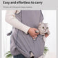 Gray cat grooming apron with large front pouch and paw opening, cat held inside