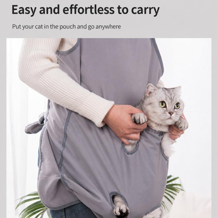 Gray cat grooming apron with large front pouch and paw opening, cat held inside