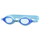 Light blue silicone swimming goggles with anti-fog lenses and adjustable strap.