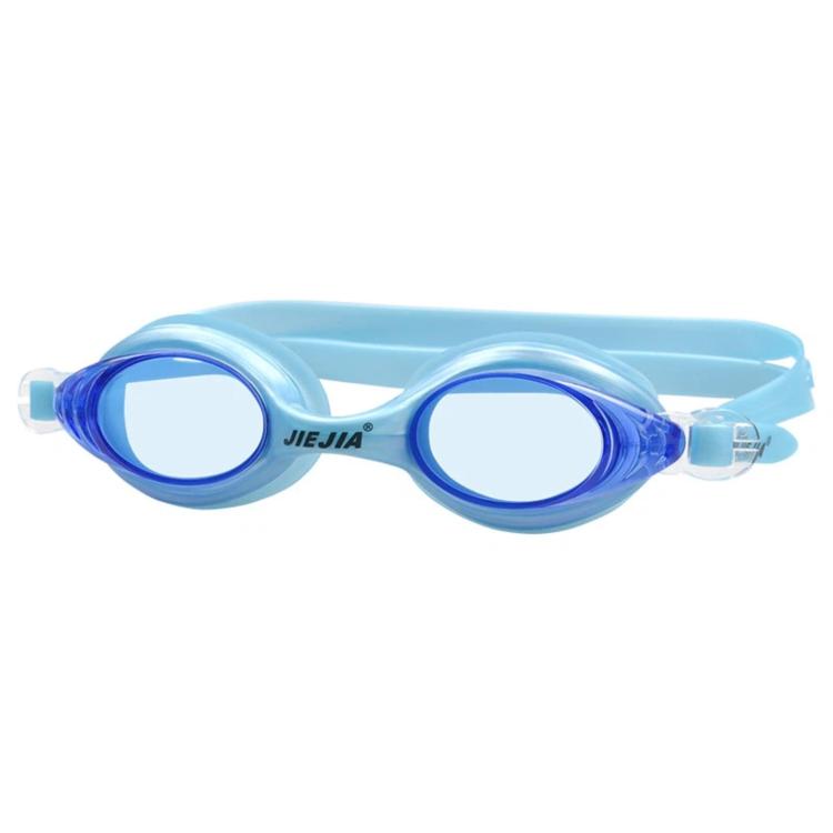 Light blue silicone swimming goggles with anti-fog lenses and adjustable strap.