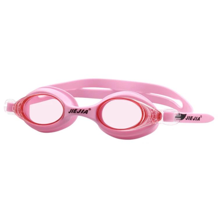 Pink silicone swimming goggles with anti-fog lenses and adjustable strap.