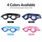 Silicone swimming goggles in four colors with anti-fog lenses and adjustable straps.