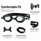 Black silicone swimming goggles with soft silicone strap and anti-fog lenses.