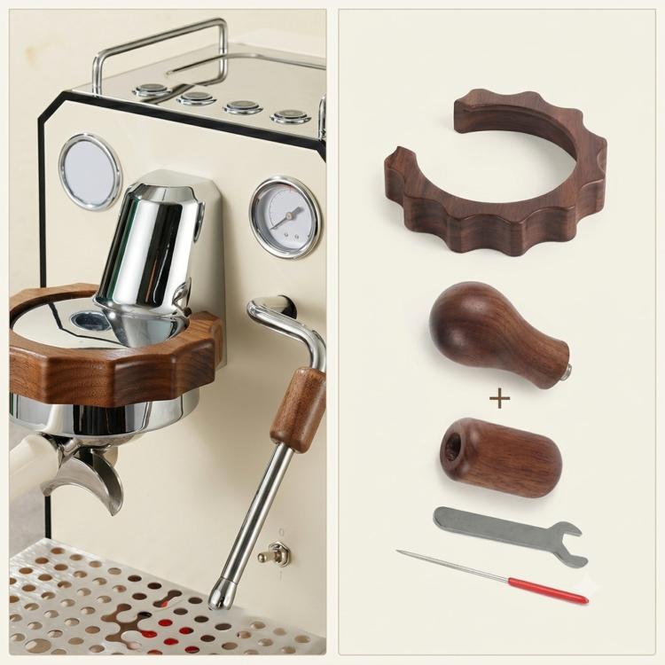 Walnut wood espresso machine accessory set: protective ring, lever handle, and sleeve