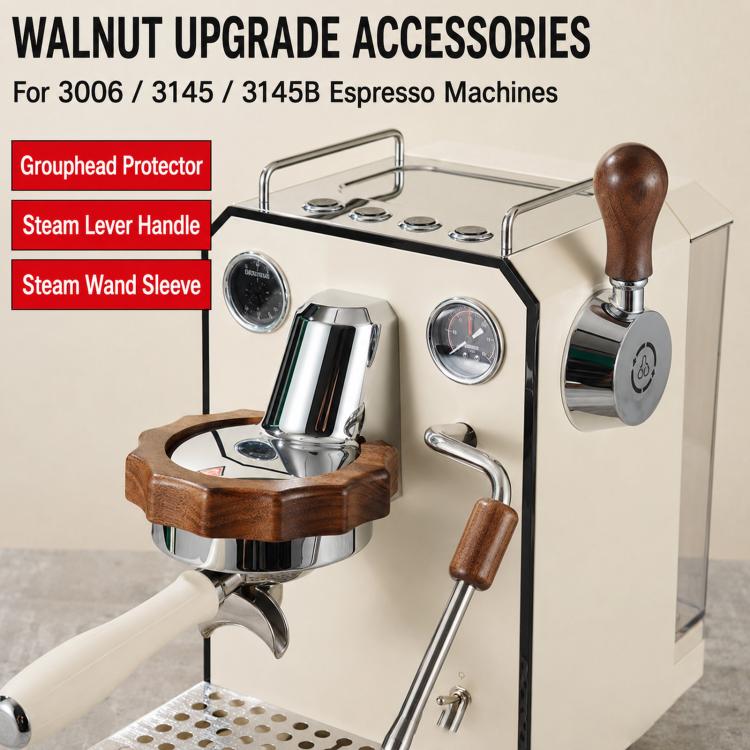 Walnut wood espresso machine upgrade accessories: lever handle, protector ring, sleeve