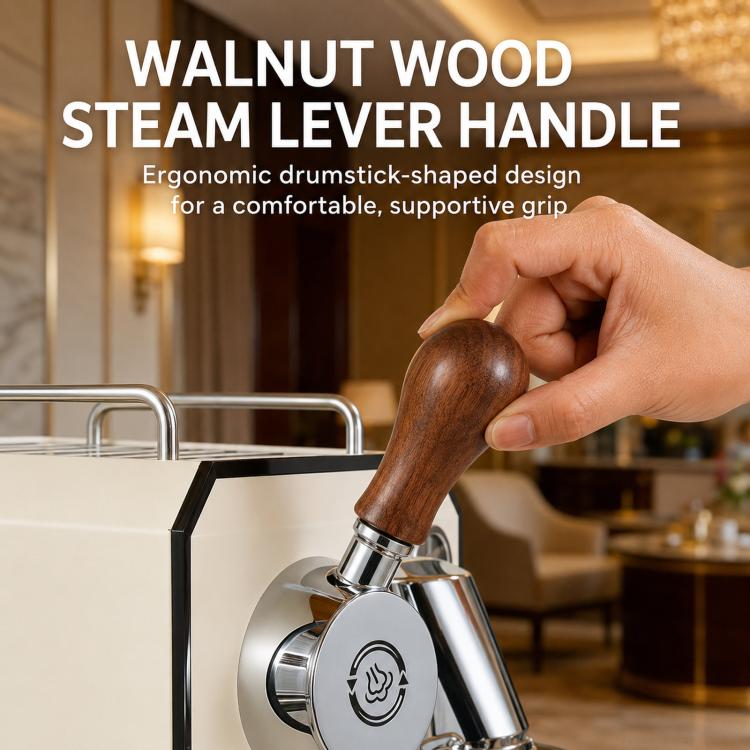 Walnut wood steam lever handle on espresso machine with hand grip