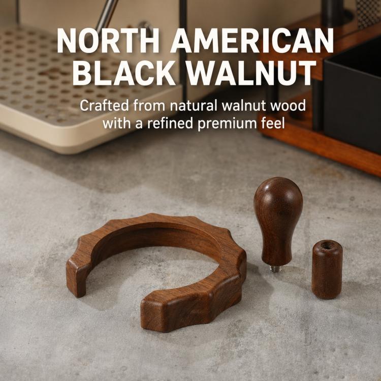 Black walnut accessory parts: anti-scald ring, steam lever handle, and wand sleeve