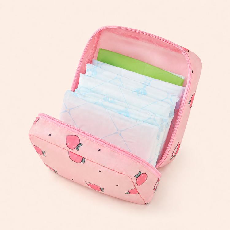Pink waterproof pouch with zipper, open top holding folded period care pads inside.
