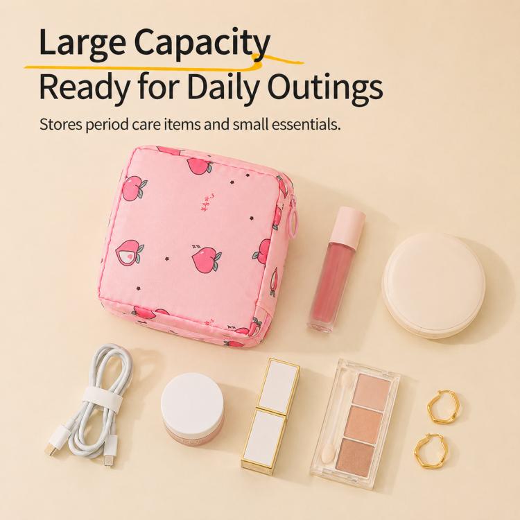 Pink patterned zip pouch with large square opening, shown with small toiletries and case.