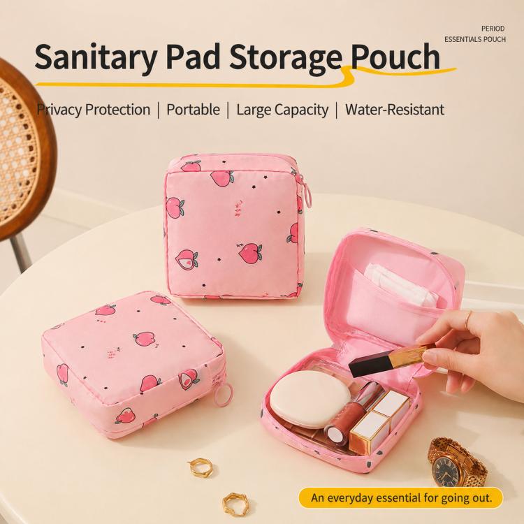 Pink peach-print sanitary pad storage pouch with zipper, shown open and packed with essentials.