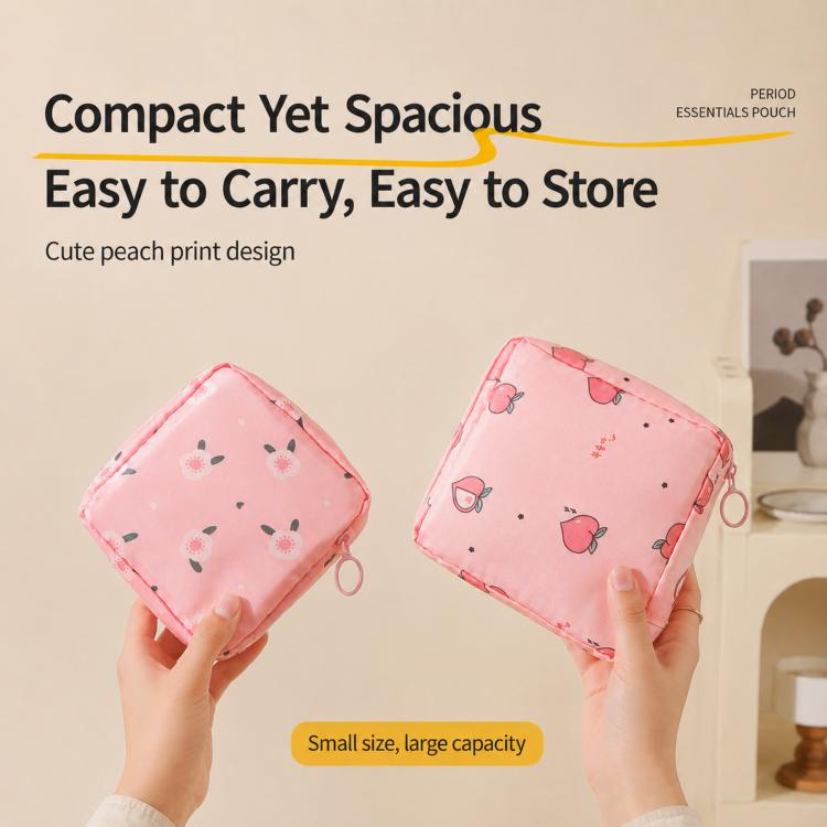 Pink peach-print storage pouches, two sizes shown with zipper closure and drawstring pull.