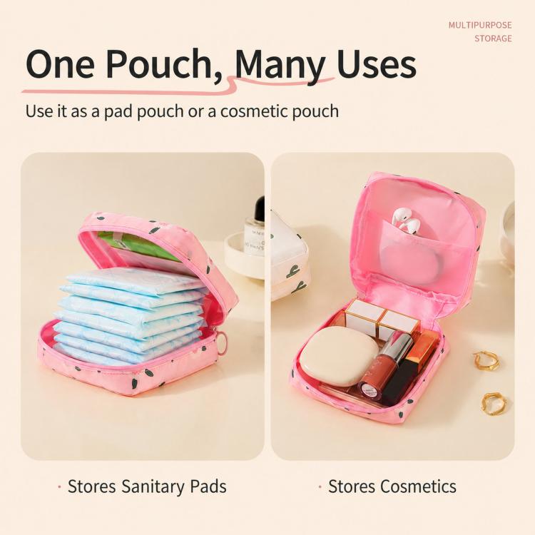 Pink multipurpose zip pouch with peach print, shown holding pads and makeup items.