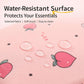 Close-up of pink fabric with peach pattern and water-resistant surface texture.