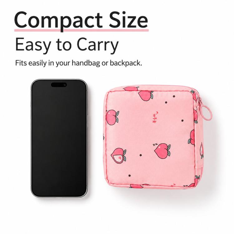 Pink zip pouch with peach pattern, compact square shape beside a smartphone for scale.