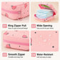 Pink zip pouch detail view: round zipper pull, wide opening, water-resistant fabric texture.