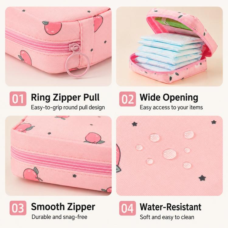 Pink zip pouch detail view: round zipper pull, wide opening, water-resistant fabric texture.