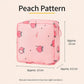 Peach-print pink storage pouch with zipper, front view with size dimensions shown.