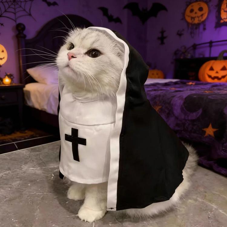 Cat wearing a hooded nun outfit with black sleeves and a black cross on the chest.