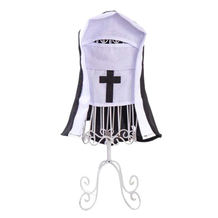 White and black nun pet costume with hood, black side panels, and cross front detail.