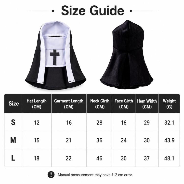 Size guide chart for nun pet costume with S, M, L measurements and weight info.