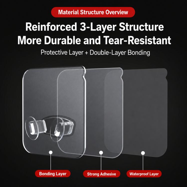Clear adhesive wall hooks with reinforced layers for holding rackets, two transparent clips