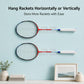 Two badminton rackets hanging from adhesive wall hooks, supports horizontal storage