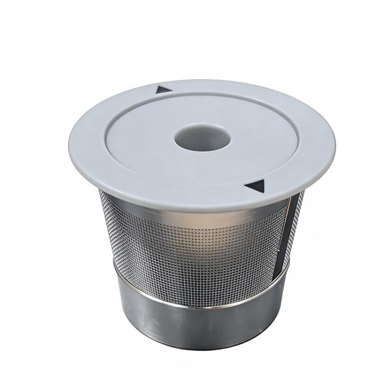 Reusable stainless steel coffee filter pod with gray lid and mesh basket