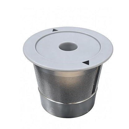 Reusable stainless steel coffee filter pod with gray lid and mesh basket