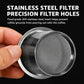 Close-up stainless steel coffee filter basket with precision mesh holes