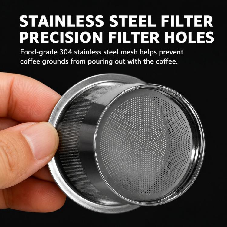 Close-up stainless steel coffee filter basket with precision mesh holes