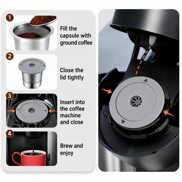 Reusable K-cup filter pod shown in multi-step filling and brewing use