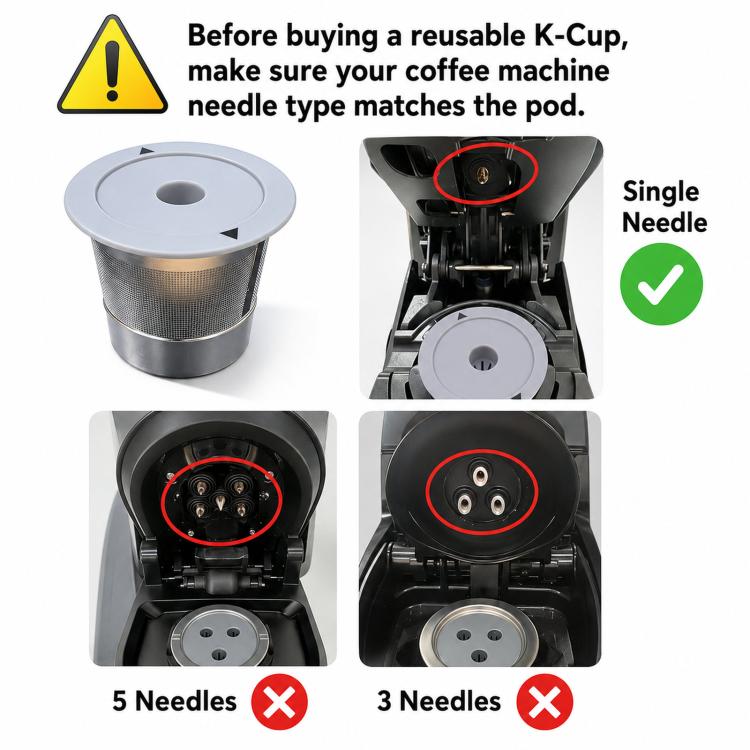 Single-needle stainless steel K-cup filter pod for correct needle matching
