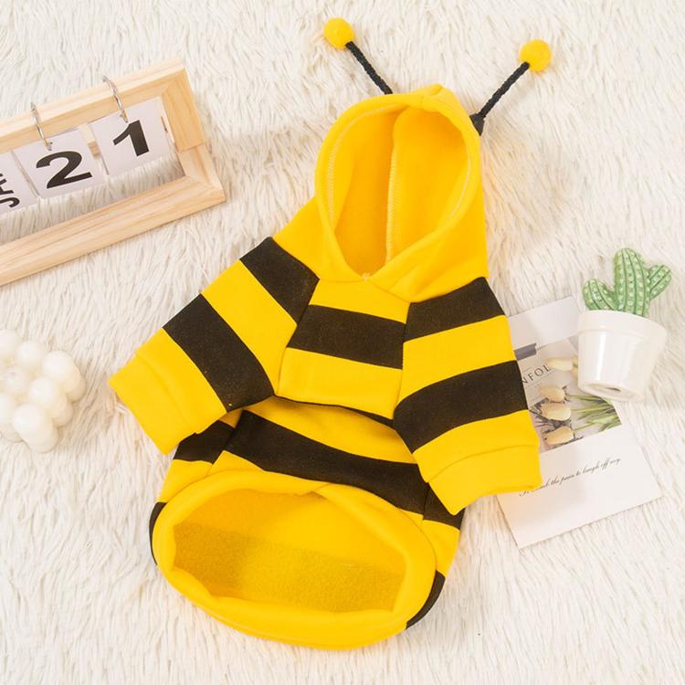 Yellow and black striped dog hoodie coat with raised hood and pom-pom ties