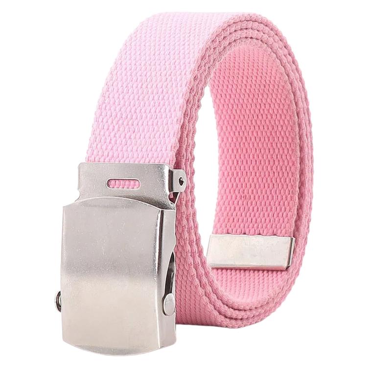 Men's narrow canvas web belt in pink with silver automatic slider buckle