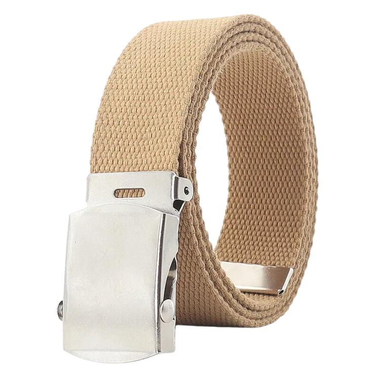 Tan canvas web belt with silver sliding buckle, narrow casual design
