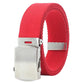 Men's canvas web belt, red, showing automatic slider buckle with silver-toned frame