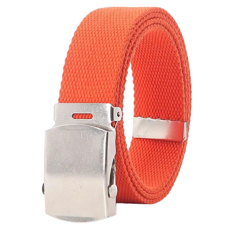 Orange canvas belt with silver automatic buckle and slider closure