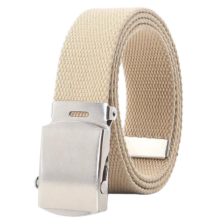 Men's canvas web belt in khaki with automatic slider buckle and metal buckle plate