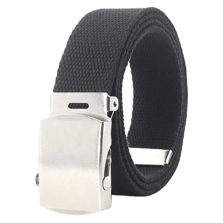 Narrow dark canvas belt with silver automatic buckle and slider adjustment