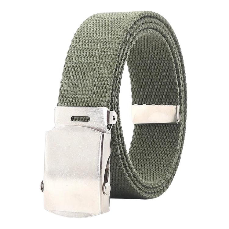 Olive green canvas web belt with silver sliding buckle, narrow casual design