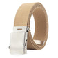 Tan canvas belt with silver rectangular slider buckle and loop strap