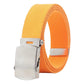Orange canvas web belt with silver rectangular slider buckle detail
