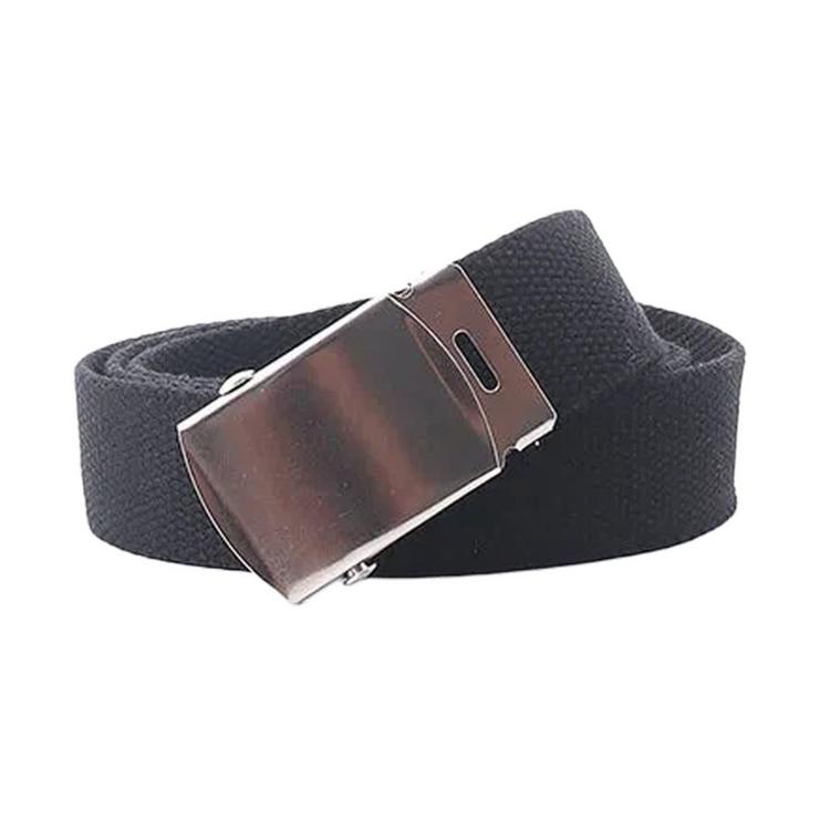 Dark navy canvas web belt with silver sliding buckle, narrow casual design