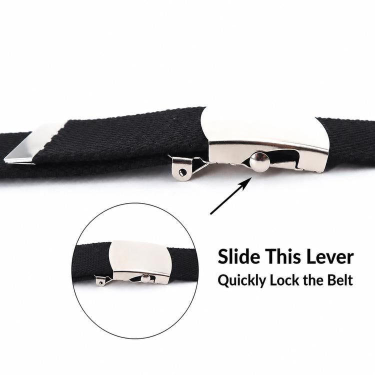 Black canvas belt with silver slide-lever locking buckle mechanism detail